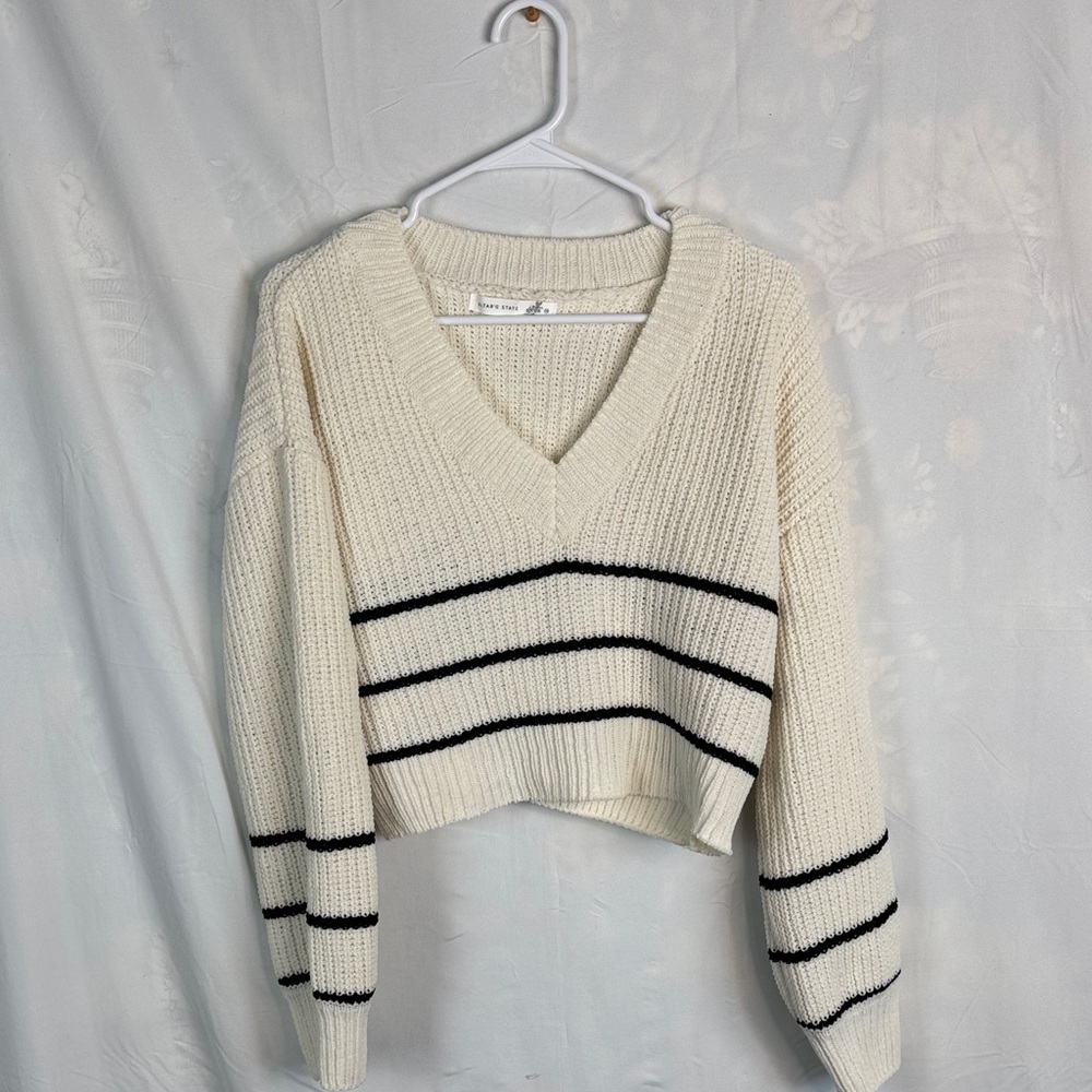 Altar'd State Cream V-Neck Sweater with Black Stripes